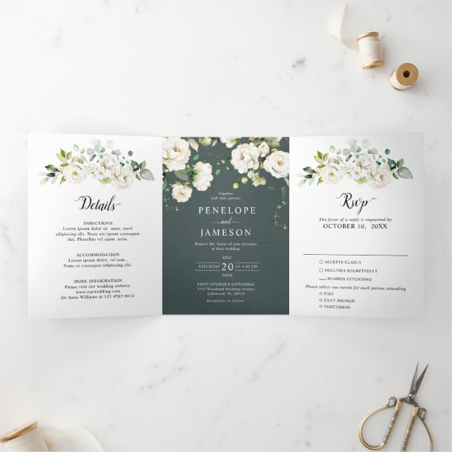 Weiße Elfenbeincreme-Rose Botanische Hochzeit flor Dreifach-gefaltete Programmkarte (Innenseite)