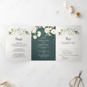 Weiße Elfenbeincreme-Rose Botanische Hochzeit flor Dreifach-gefaltete Programmkarte