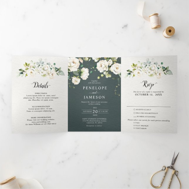 Weiße Elfenbeincreme-Rose Botanische Hochzeit flor Dreifach-gefaltete Programmkarte (Innenseite)