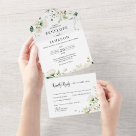 Weiße Elfenbeincreme-Rose Botanische Hochzeit mit All In One Einladung