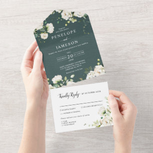Weiße Elfenbeincreme-Rose Botanische Hochzeit mit  All In One Einladung