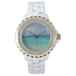 Weiße Emailuhr mit Inselszene Armbanduhr