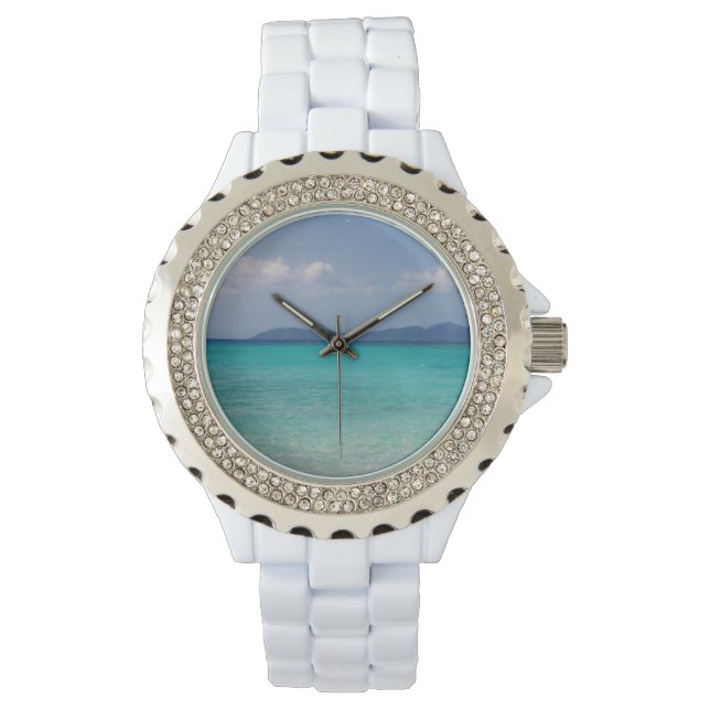 Weiße Emailuhr mit Inselszene Armbanduhr (Vorderseite)
