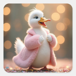 Weiße Ente in rosa Pelzmatte Quadratischer Aufkleber