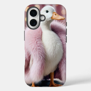 Weiße Ente mit rosa Pelzmatte iPhone 16 Hülle