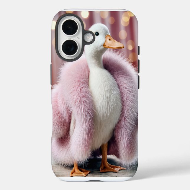 Weiße Ente mit rosa Pelzmatte iPhone 16 Hülle (Rückseite)