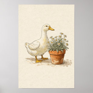 Weiße Ente und getopfte Gänseblümchen - Farmhouse- Poster