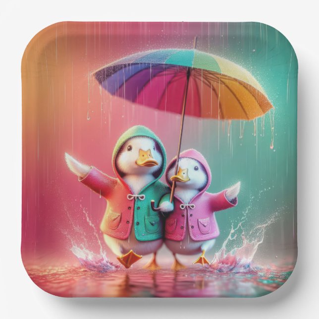 Weiße Enten wandern im Regen Pappteller (Vorderseite)