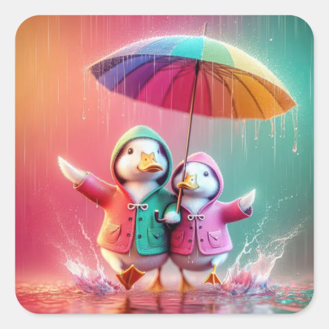 Weiße Enten wandern im Regen Quadratischer Aufkleber (Vorderseite)