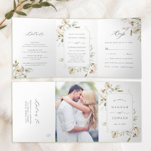 Weiße Errötende Salbei Elegante Florale Hochzeit Dreifach Gefaltete Einladung