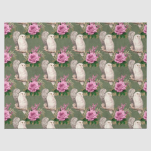 Weiße Eulen und rosa Rosen auf grüner Decoupage Seidenpapier