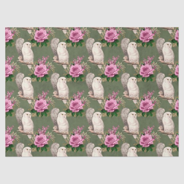 Weiße Eulen und rosa Rosen auf grüner Decoupage Seidenpapier (Vorderseite)
