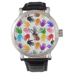Weiße farbenfrohe Handabdruck-Musterdesign  Armbanduhr