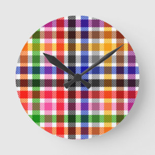 Weiße farbenfrohe Köper-Karo-Tartan-Design Runde Wanduhr