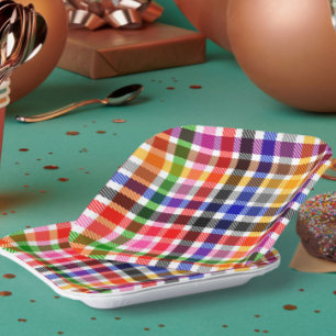 Weiße farbenfrohe Köper-Karottee-Tartan-Design Pappteller