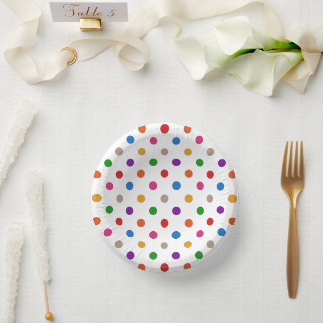 Weiße farbenfrohe Regenbogen-Punkte-Design  Pappteller (Hochzeit)