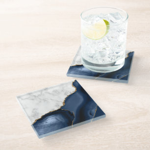 Weiße Faux-Marmor vergoldete Navy-Blau-Achat Glasuntersetzer