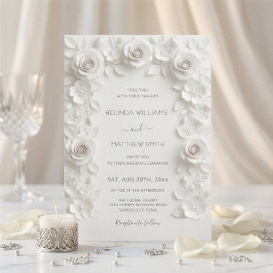 Weiße Faux-Relief-Rosen Rahmen Hochzeit Minimalist Einladung