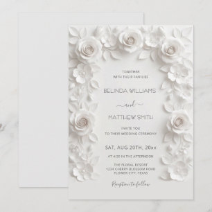 Weiße Faux-Relief-Rosen Rahmen Hochzeit Minimalist Einladung