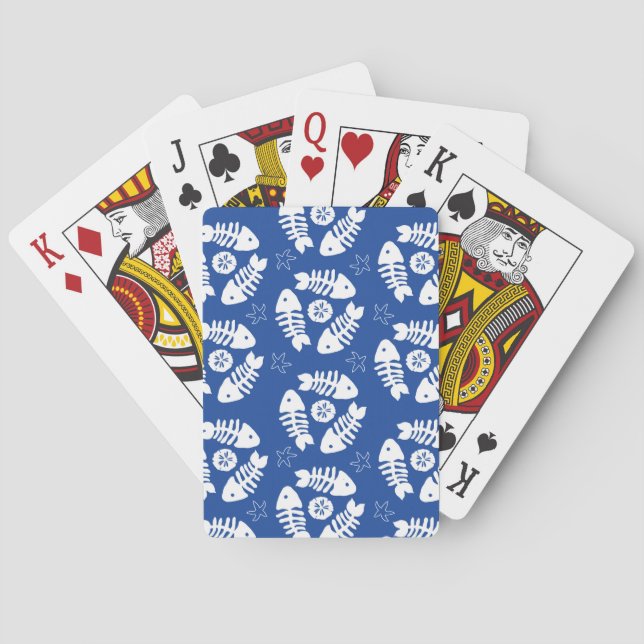 Weiße Fischknochen und SandDollars blau Spielkarten (Rückseite)