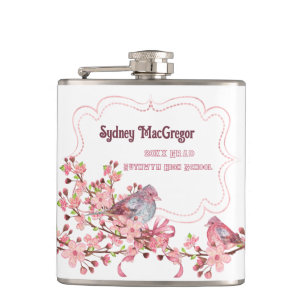 Weiße Flasche mit Vögeln und Apfelblüten umlaufend Flachmann