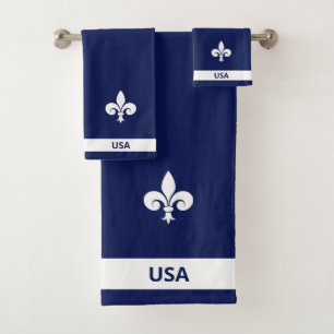 Weiße Fleur de Lis auf Marineblau Badhandtuch Set