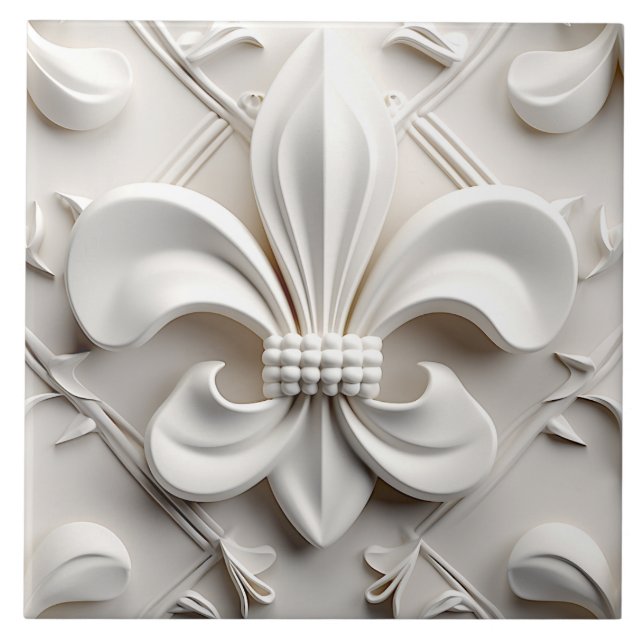 Weiße Fleur De Lis Keramikfliese (Vorderseite)