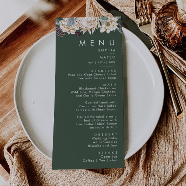 Weiße Flora | Dark Green Wedding Dinner Menu Menükarte (Von Creator hochgeladen)