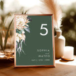Weiße Flora | Dunkelgrüne Tischnummer<br><div class="desc">Wir entwarfen diese weiße Blume | Dunkelgrüne Tischnummer, um Ihre rustikale dunkeltropische Hochzeit zu vollenden. Die böhmische Aquarellanlage mit ihren modernen böhmischen Blume, wie Protea, Dahlia und getrockneter Lotus, ist ein Set für das modisch-minimalistische Grün und Weiß. Ändern Sie den Text und fügen Sie ein Foto, um es zu Ihrem...</div>