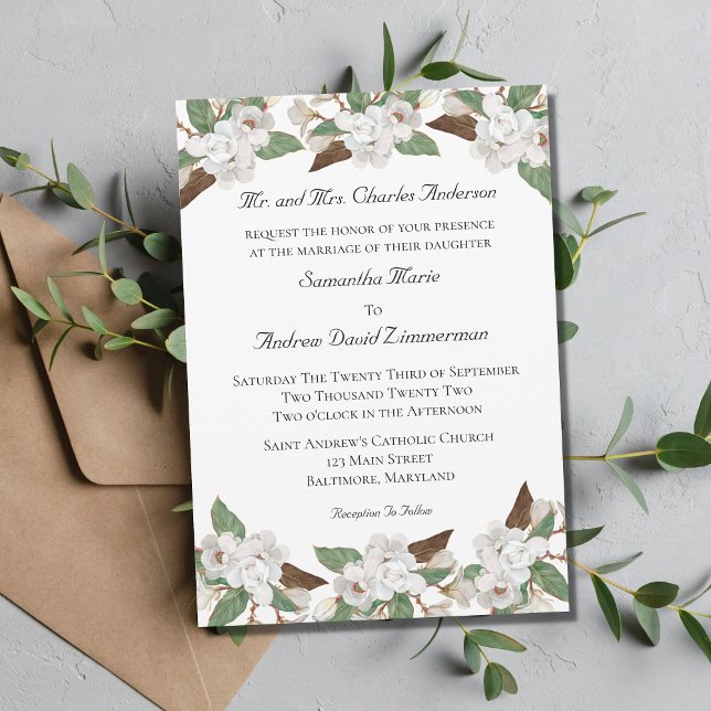 Weiße Flora Magnolias Formal Elegante Hochzeit Einladung (Von Creator hochgeladen)