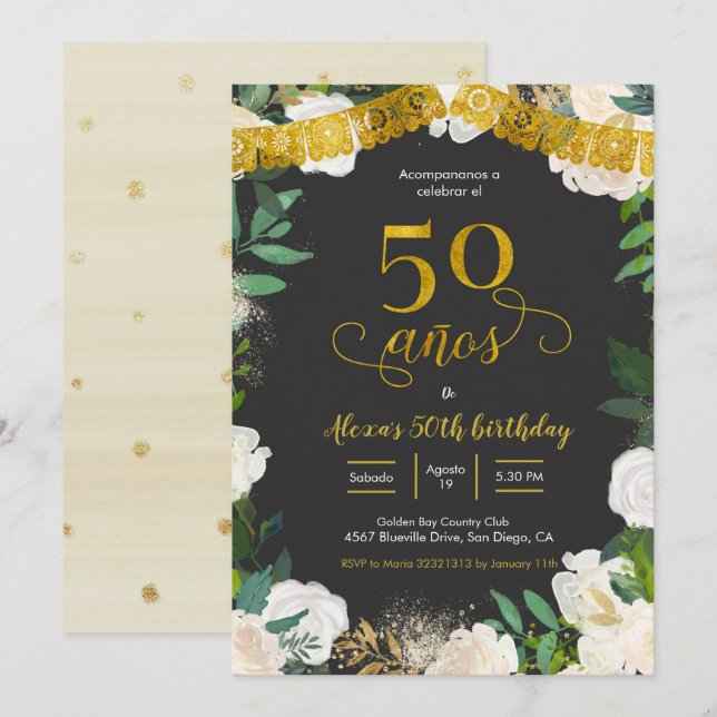 Weiße Flora mexikanisch 50 añ os Einladung (Vorne/Hinten)