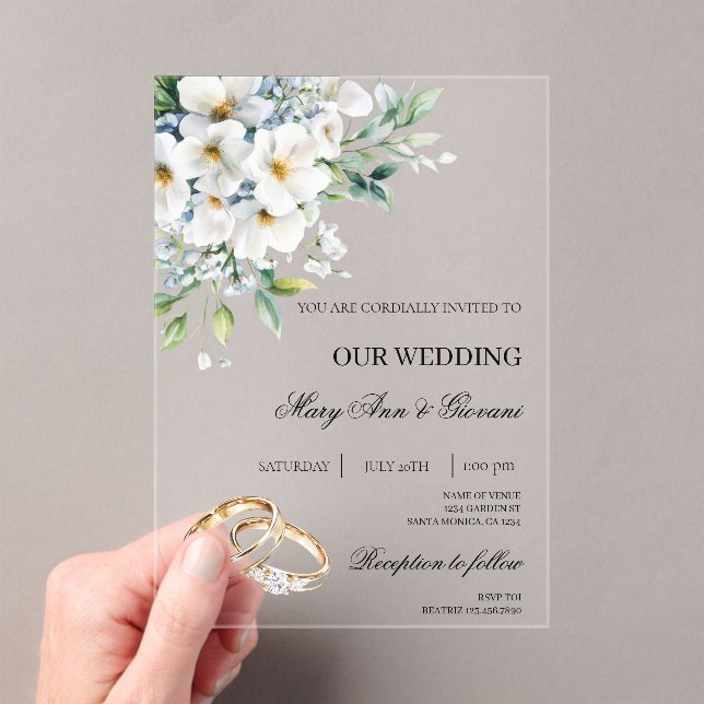 Weiße Flora mit Goldring Hochzeit Acryleinladungen (Insitu (Handheld))