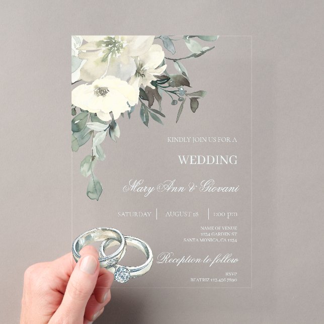 Weiße Flora mit Goldring Hochzeit Acryleinladungen (Insitu (Handheld))
