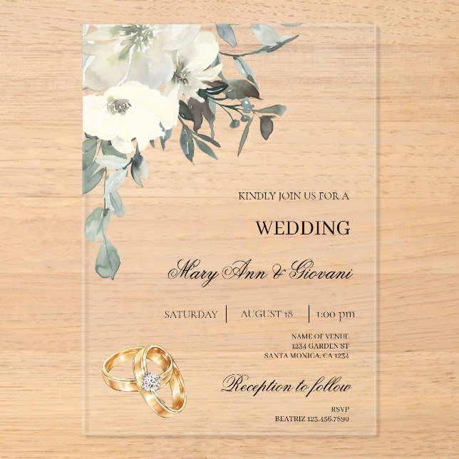 Weiße Flora mit Goldring Hochzeit Acryleinladungen (Vorderseite)