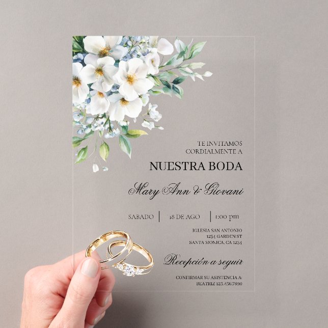 Weiße Flora mit Goldring Spanische Hochzeit Acryleinladungen (Insitu (Handheld))