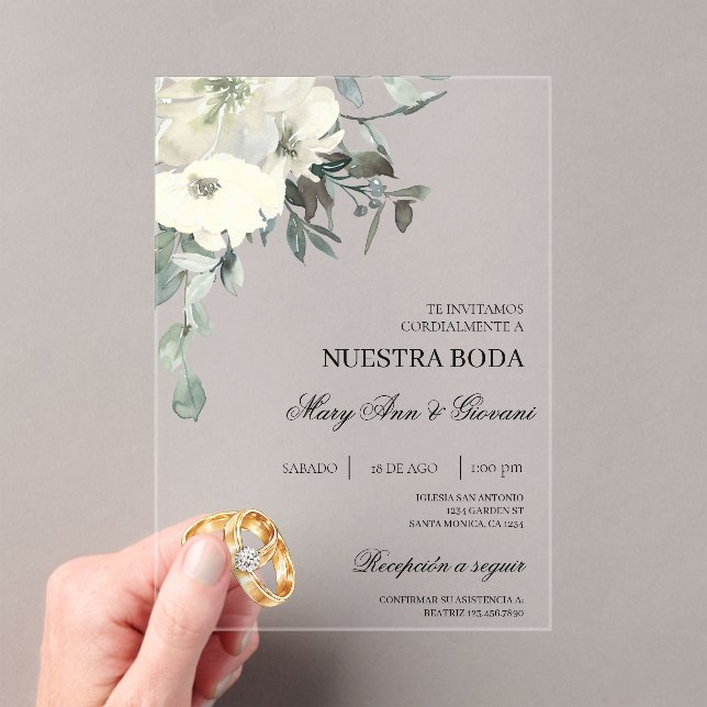 Weiße Flora mit Goldring Spanische Hochzeit Acryleinladungen (Insitu (Handheld))