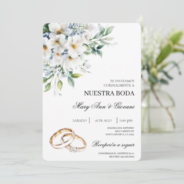 Weiße Flora mit Goldring Spanische Hochzeit Einladung (Stehend Vorderseite)
