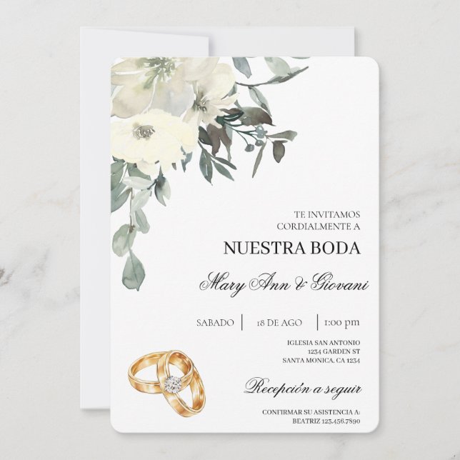 Weiße Flora mit Goldring Spanische Hochzeit Einladung (Vorderseite)