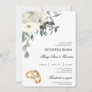 Weiße Flora mit Goldring Spanische Hochzeit Einladung