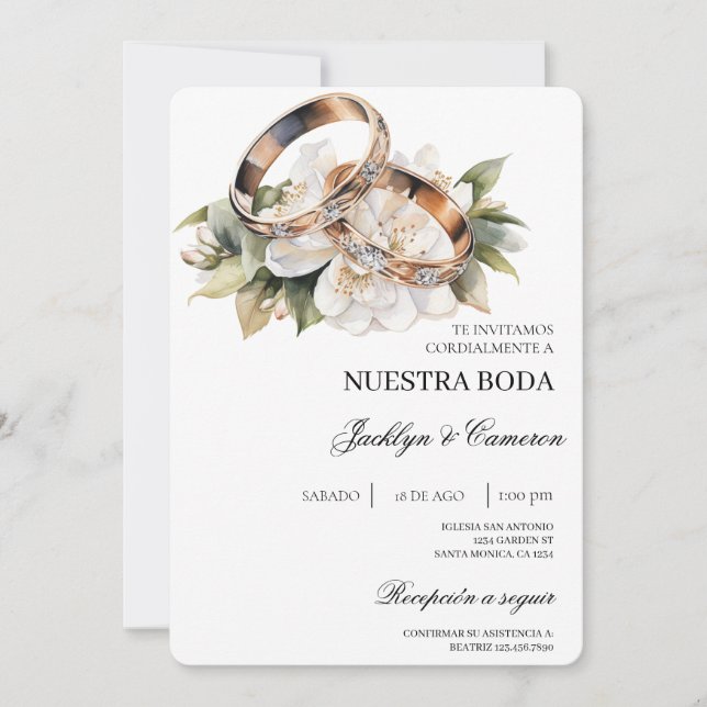 Weiße Flora mit Ringspanischer Hochzeit Einladung (Vorderseite)