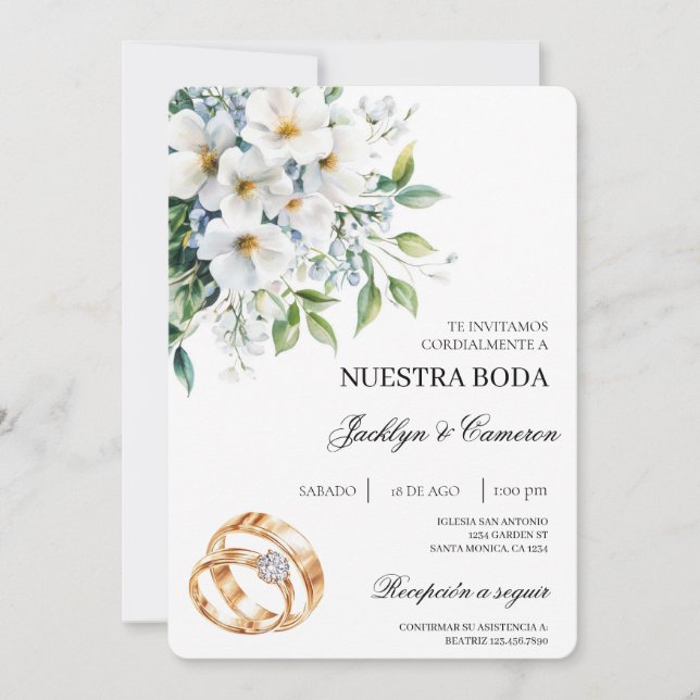 Weiße Flora mit Ringspanischer Hochzeitsempfehlung Einladung (Vorderseite)