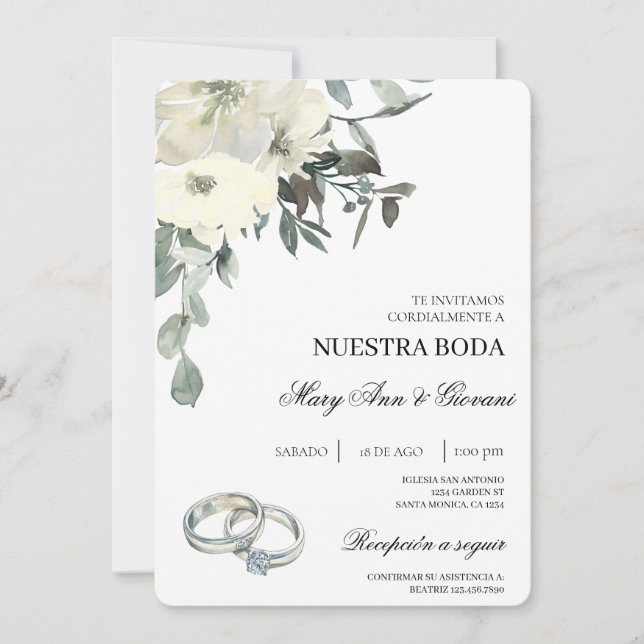 Weiße Flora mit Silberring Spanische Hochzeit Einladung (Vorderseite)