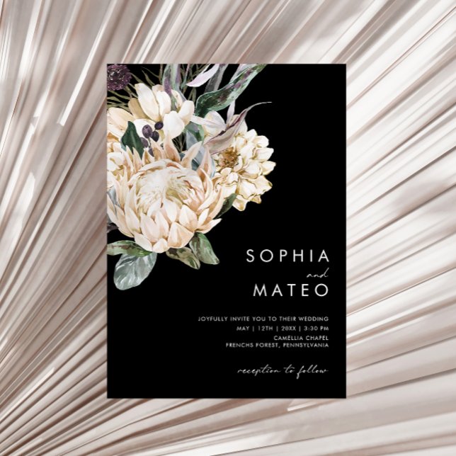 Weiße Flora | Schwarze Lässige Hochzeitseinladung Einladung (Von Creator hochgeladen)