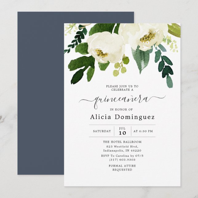 Weiße Flora und Fauna Aquarell Quinceñera Einladung (Vorne/Hinten)