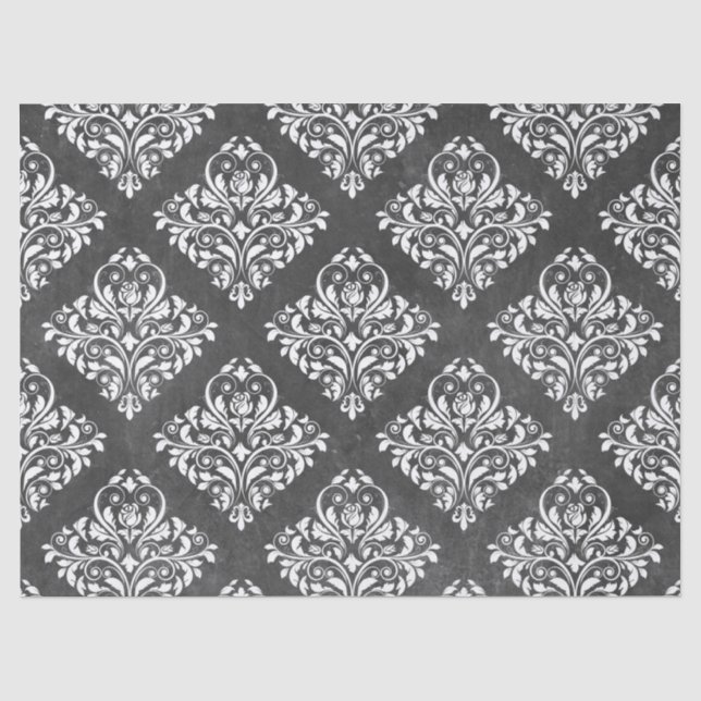 Weiße Floral Damask auf Grau Decoupage Seidenpapier (Vorderseite)