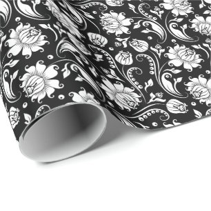 Weiße Floral Damaskus Schwarzer Hintergrund Geschenkpapier