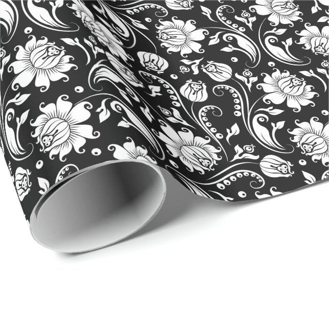 Weiße Floral Damaskus Schwarzer Hintergrund Geschenkpapier (Rolleneckpunkt)