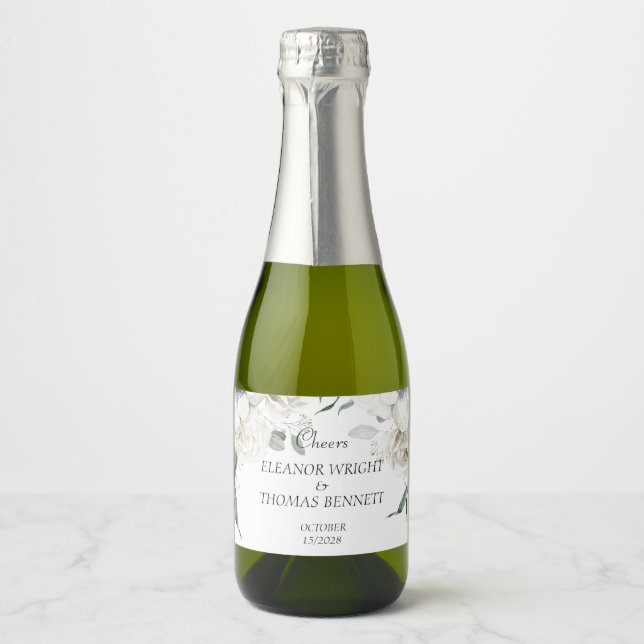 Weiße florale botanische Mini-Champagner-Flaschene (Vorderseite)