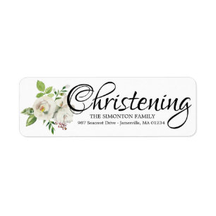 Weiße florale Christening-Rücksendeadressen-Aufkle