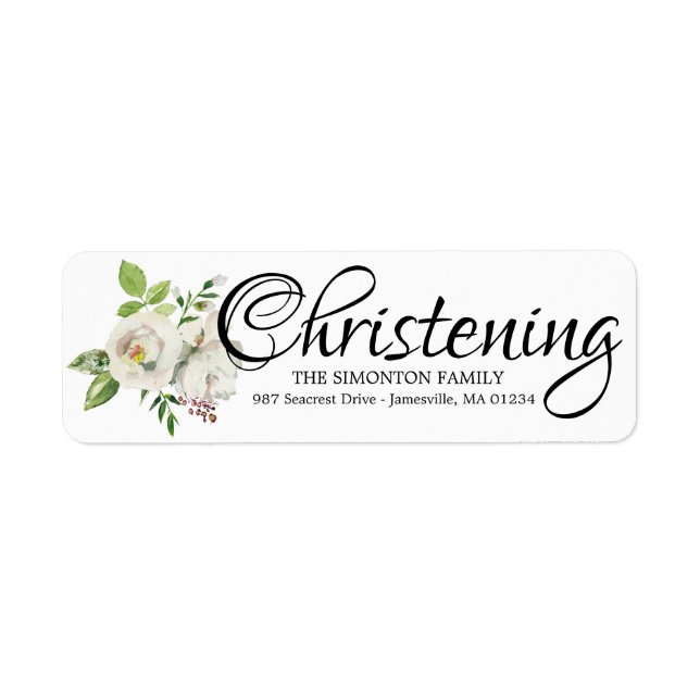 Weiße florale Christening-Rücksendeadressen-Aufkle (Vorne)